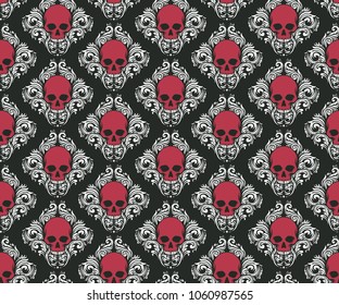 pink skull head bones combination with floral and leafs diagonal seamless pattern on black background