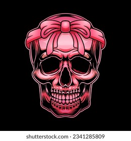 pink skull head wearing ribbon mascot illustration