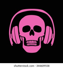 Pink skull with headphones .