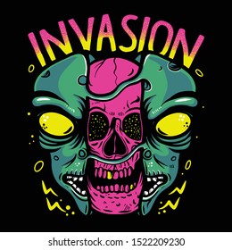 pink skull inside alien head for invasion vector illustration