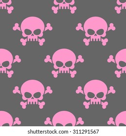Pink skull on a grey background seamless pattern. Head of  skeleton and bones. Vector ornament for Halloween.