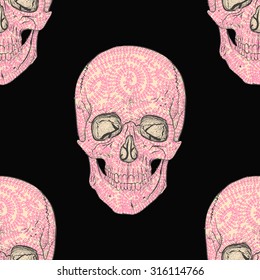 Pink skull with ornament on black background.Seamless pattern background.