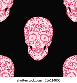 Pink skull with ornament on black background.Seamless pattern background.