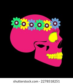 Pink skull side view with flowers on the black background, vector illustration.