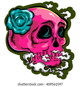 pink skull , smoke , blue rose white background