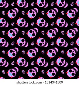 Pink skulls, badge 666 and horns, seamless pattern, black background, vector