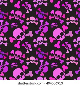 A lot of pink skulls on dark background, emo subculture seamless pattern