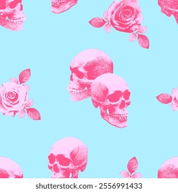 Pink skulls and roses on blue background.Seamless pattern. Texture for fabric, wrapping, wallpaper. Decorative print. Vector illustration