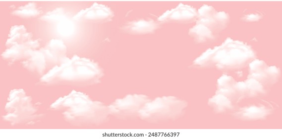 Pink sky background with white clouds. Fantasy cloudy sky, abstract vector use for background.