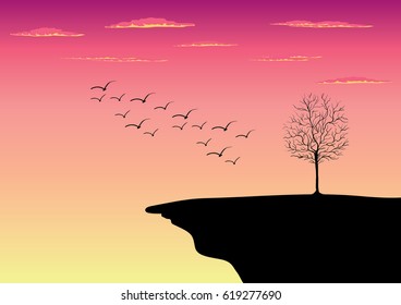Pink sky and birds, cliff edge with leafless tree and clouds
vector nature illustration