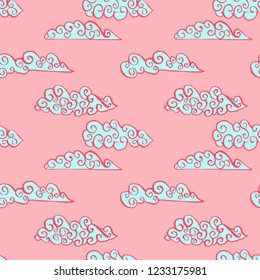 Pink sky with blue clouds. Seamless ink pattern. Vector texture.
