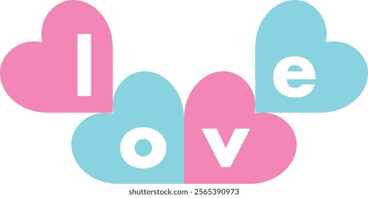 pink and sky blue heart shape with word love white color isolated on white background.