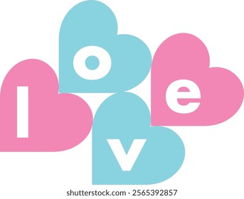 pink and sky blue heart shape with word love white color isolated on white background.