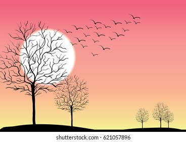 Pink sky and bright sun , leafless dry trees and flock of birds
vector illustration , abstract, nature,landscape