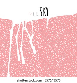Pink, sky, cloud, milk, winter, snow, rain. Hand drawn vector illustration. Line art ink sketch. Watercolor abstract background. Mixed Media, paper cut. 