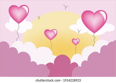 pink sky with hearts and clouds