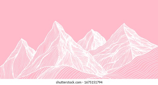 Pink Sky Mountains Hills Line Hand Draw Geometric Ink Vector Illustration 