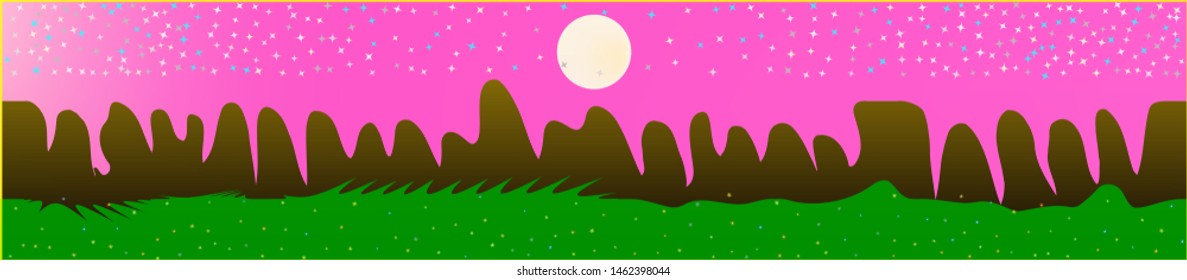 Pink sky, and mountains landscape. Abstract, horizontal texture background picture. Colorful skinali background abstraction. Pristine glass print fantasy. Horizon, bright. Old game style.