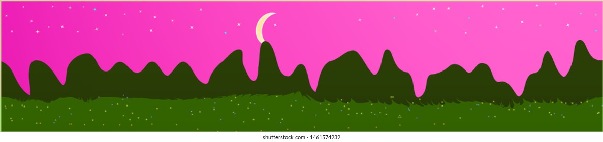 Pink sky, and mountains landscape. Game style panaramic pattern. Concept skinali mesh pattern. Fresh glass print fantasy. Horizon, modern. Old game style.