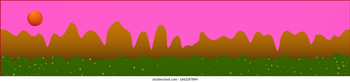 Pink sky, and mountains landscape. Game style panaramic pattern. Concept skinali mesh pattern. Fresh glass print fantasy. Horizon, modern. Old game style.