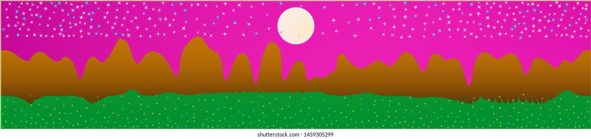 Pink sky, and mountains landscape. Light glass print panaramic design. Glass print skinali light and dark. Clean glass print fantasy. Horizon, light. Old game style.