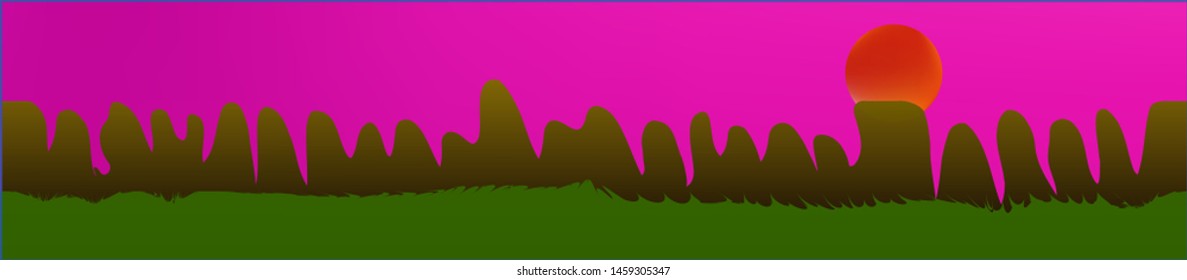 Pink sky, and mountains landscape. Light colorful skinali art design. Wide artistic view. Net glass print fantasy. Horizon, light. Old game style.