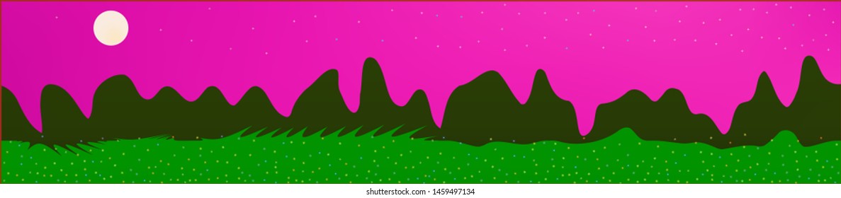 Pink sky, and mountains landscape. Light glass print panaramic design. Glass print skinali light and dark. Pristine glass print fantasy. Horizon, blend. Old game style.