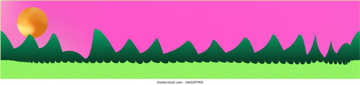 Pink sky, and mountains landscape. Light colorful skinali art design. Wide artistic view. Clean glass print fantasy. Horizon, mesh. Old game style.