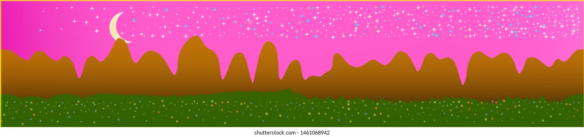 Pink sky, and mountains landscape. Panoramic horizontal design. Trendy panoramic design. Fresh glass print fantasy. Horizon, texture. Old game style.