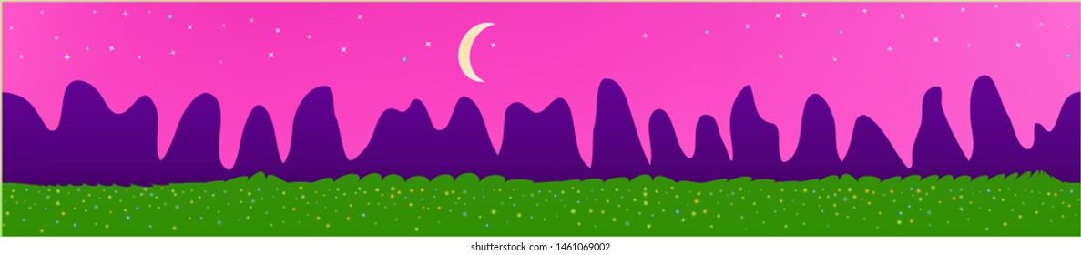 Pink sky, and mountains landscape. Panoramic horizontal design. Trendy panoramic design. Clean glass print fantasy. Horizon, blur. Old game style.
