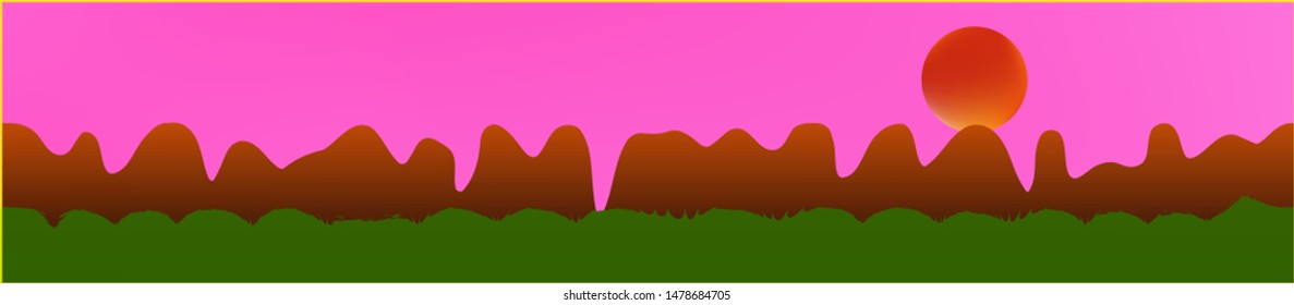 Pink sky, and mountains landscape. Panoramic horizontal design. Trendy panoramic design. Fresh glass print fantasy. Horizon, light. Old game style.