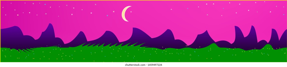 Pink sky, and mountains landscape. Plain horizontal background illustration. Trendy fairy tale plain design. Clean glass print fantasy. Horizon, light. Old game style.