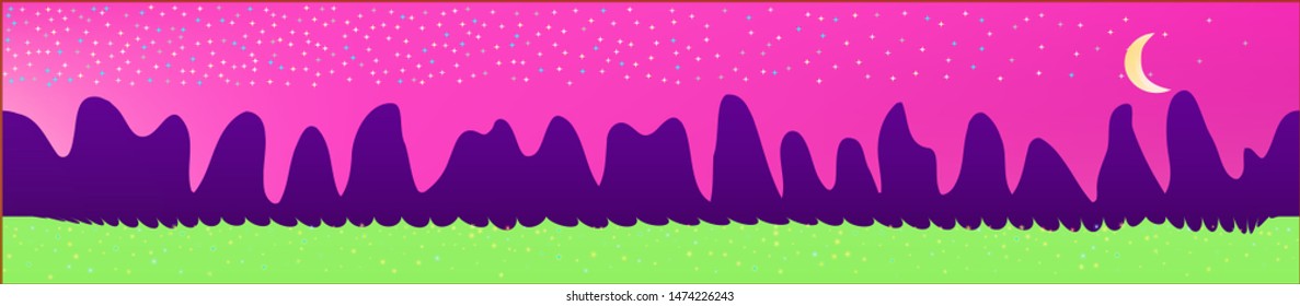 Pink sky, and mountains landscape. Plain horizontal background illustration. Trendy fairy tale plain design. Crisp glass print fantasy. Horizon, blend. Old game style.