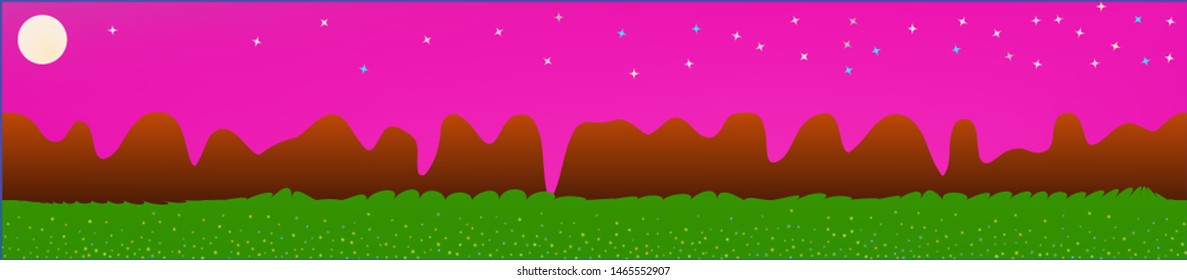 Pink sky, and mountains landscape. Wonderful landscape texture background. Colorful horizontal pattern texture. Recent glass print fantasy. Horizon, blend. Old game style.