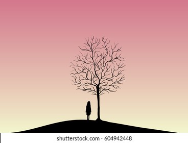 Pink  sky. old tree and girl silhouette
vector nature illustration