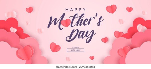 Pink sky and paper hearts background design for mothers day. Happy mothers day sale banner or coupon template with heart. Vector illustration.