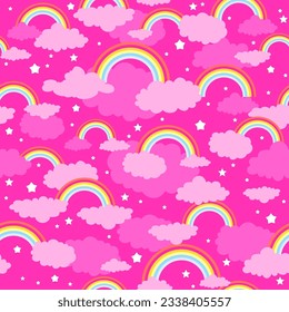 Pink sky rainbow pattern. Bright background with sky, stars and clouds