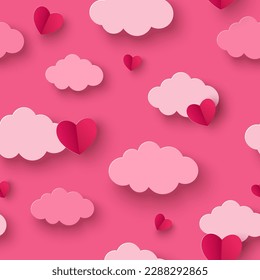 Cielo rosa, corazones rojos y nubes de papel cortadas. Feliz día de San Valentín sin problemas. Estilo de corte de papel, adorable adorno de bebé