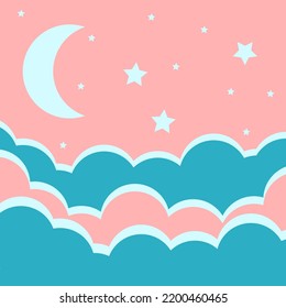 Pink Sky, Rising Moon With Pink And Blue Clouds And Cute Stars. Kawaii Background, Wallpaper, Kids Room, Print