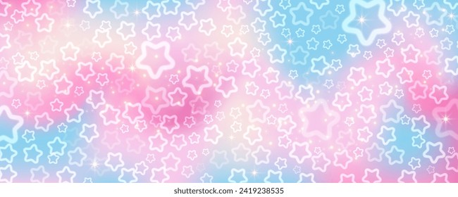 Pink sky with stars and bokeh. Kawaii fantasy background. Magic glitter space with iridescent texture. Abstract vector wallpaper.