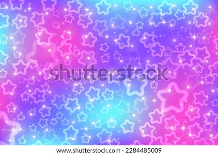 Pink sky with stars and bokeh. Kawaii fantasy background. Magic glitter space with iridescent texture. Abstract vector wallpaper.