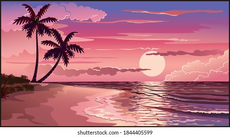 Pink sky and sunset at a tropical beach, vector illustration isolated, eps   