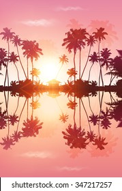 Pink sky vector palms silhouettes with reflection