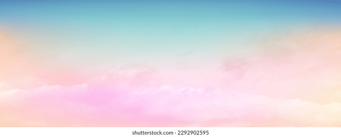 El cielo rosado y las nubes blancas blandas flotaron en el cielo en un día despejado. Hermoso aire y luz solar con el paisaje de la nube colorido. El cielo del atardecer como fondo. Ilustración vectorial de cielo azul a rosa.