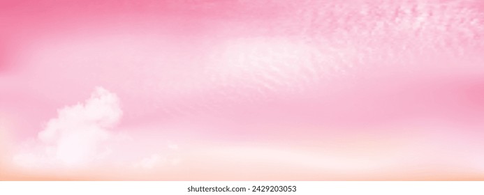 Cielo rosa y fondo blanco de nubes suaves.  Dulce cielo con paisaje nublado colorido. Ilustración vectorial.