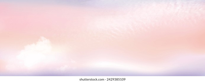 Cielo rosa y fondo blanco, nubes suaves púrpura.  Dulce cielo con paisaje nublado colorido. Ilustración vectorial.