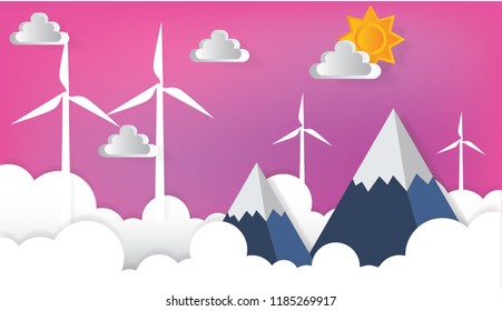 pink sky, with windmills, clouds and mountains in the background, paper art concept