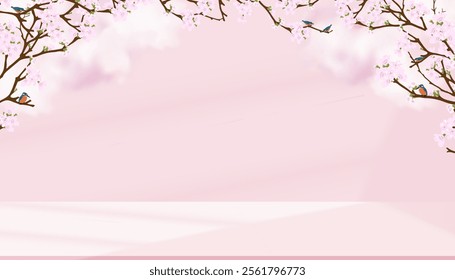 Pink Sky,Cloud Background,Spring Cherry Blossom and Pink Podium for Easter banner,Vector illustration  Japanese sakura flower Branches Tree and Bird, flower frame border for Mother Day,Valentines