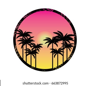 pink sky,sun and palm silhouettes vector illustration