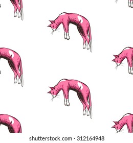 Pink sleeping cat. Cute little kitty.Seamless pattern background.